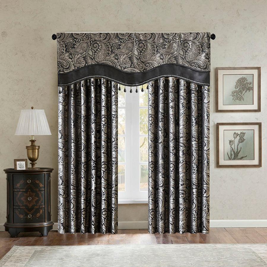 Olliix.com Curtains - Aubrey Traditional Jacquard Window Rod Pocket Valance With Beads 50"W x 18"L Black