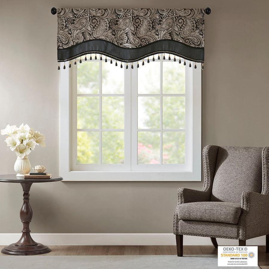 Olliix.com Curtains - Aubrey Traditional Jacquard Window Rod Pocket Valance With Beads 50"W x 18"L Black
