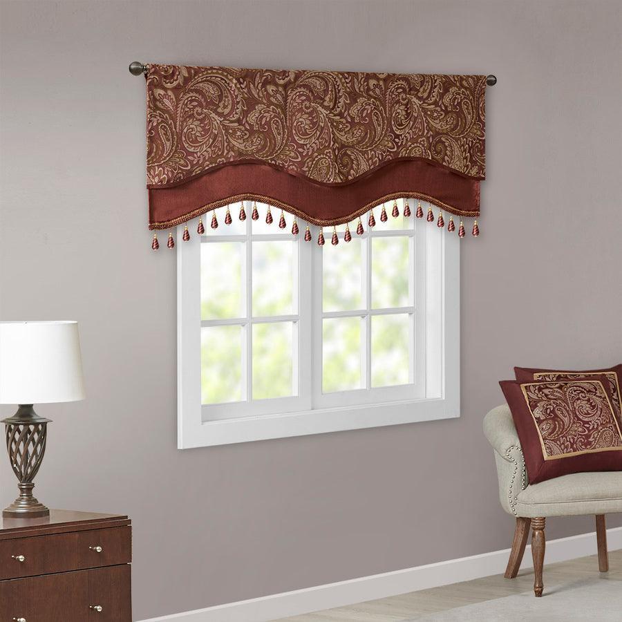 Olliix.com Curtains - Aubrey Traditional Jacquard Window Rod Pocket Valance With Beads 50"W x 18"L Burgundy
