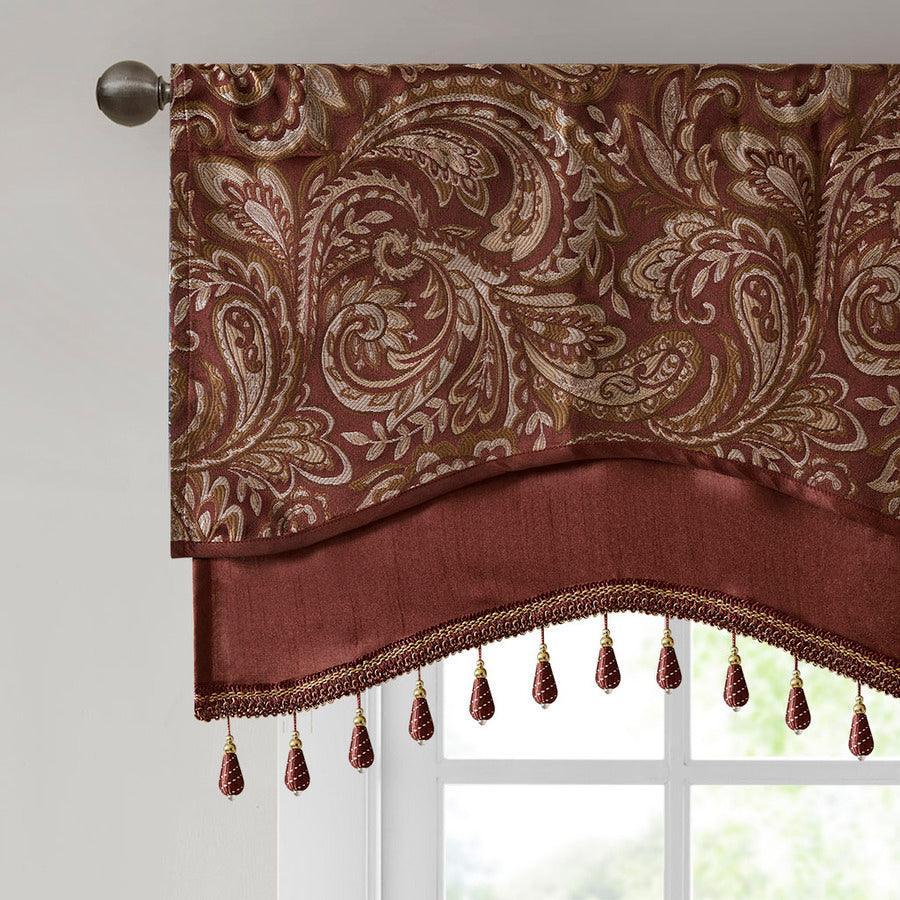Olliix.com Curtains - Aubrey Traditional Jacquard Window Rod Pocket Valance With Beads 50"W x 18"L Burgundy