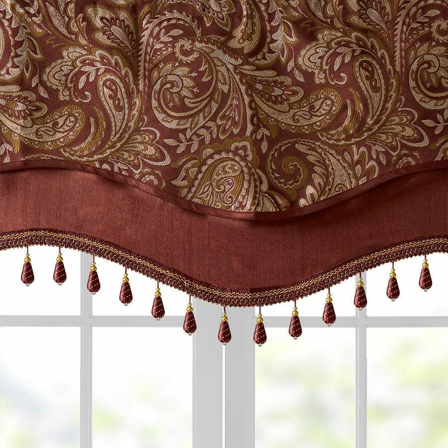 Olliix.com Curtains - Aubrey Traditional Jacquard Window Rod Pocket Valance With Beads 50"W x 18"L Burgundy