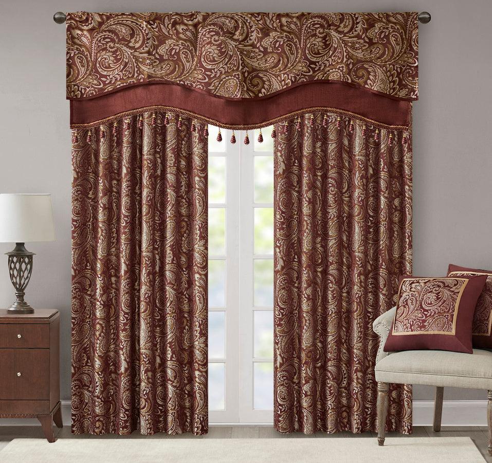 Olliix.com Curtains - Aubrey Traditional Jacquard Window Rod Pocket Valance With Beads 50"W x 18"L Burgundy