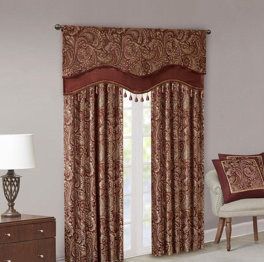 Olliix.com Curtains - Aubrey Traditional Jacquard Window Rod Pocket Valance With Beads 50"W x 18"L Burgundy