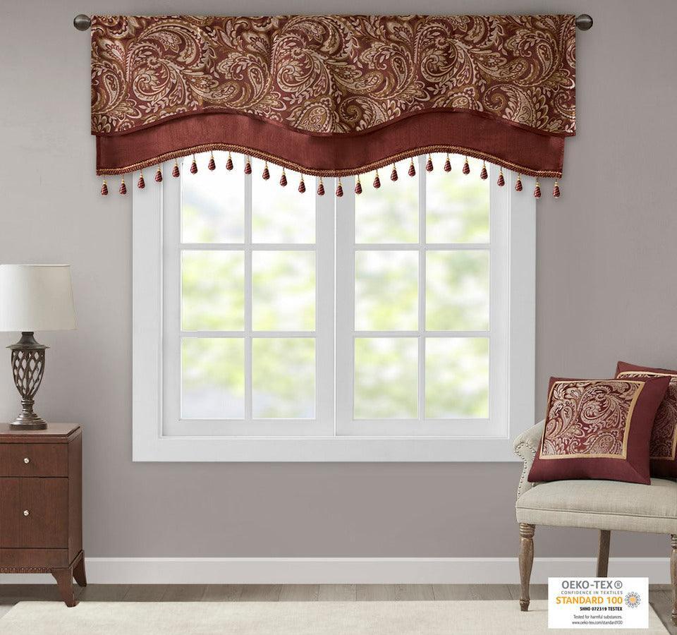 Olliix.com Curtains - Aubrey Traditional Jacquard Window Rod Pocket Valance With Beads 50"W x 18"L Burgundy