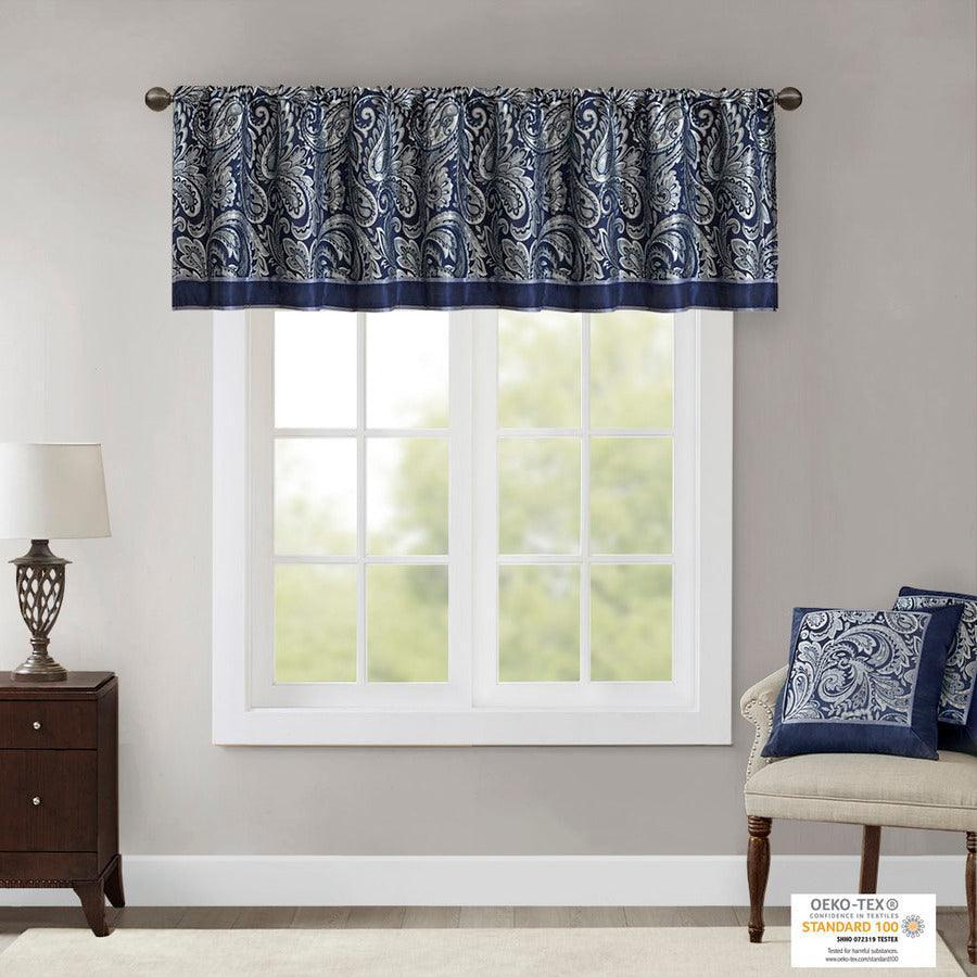 Olliix.com Curtains - Aubrey Traditional Jacquard Window Valance 50"W x 18"L Navy