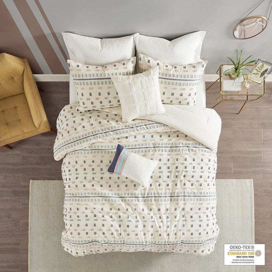 Olliix.com Comforters & Blankets - Auden Full/Queen 5 Piece Cotton Modern & Contemporary Jacquard Comforter Set Aqua