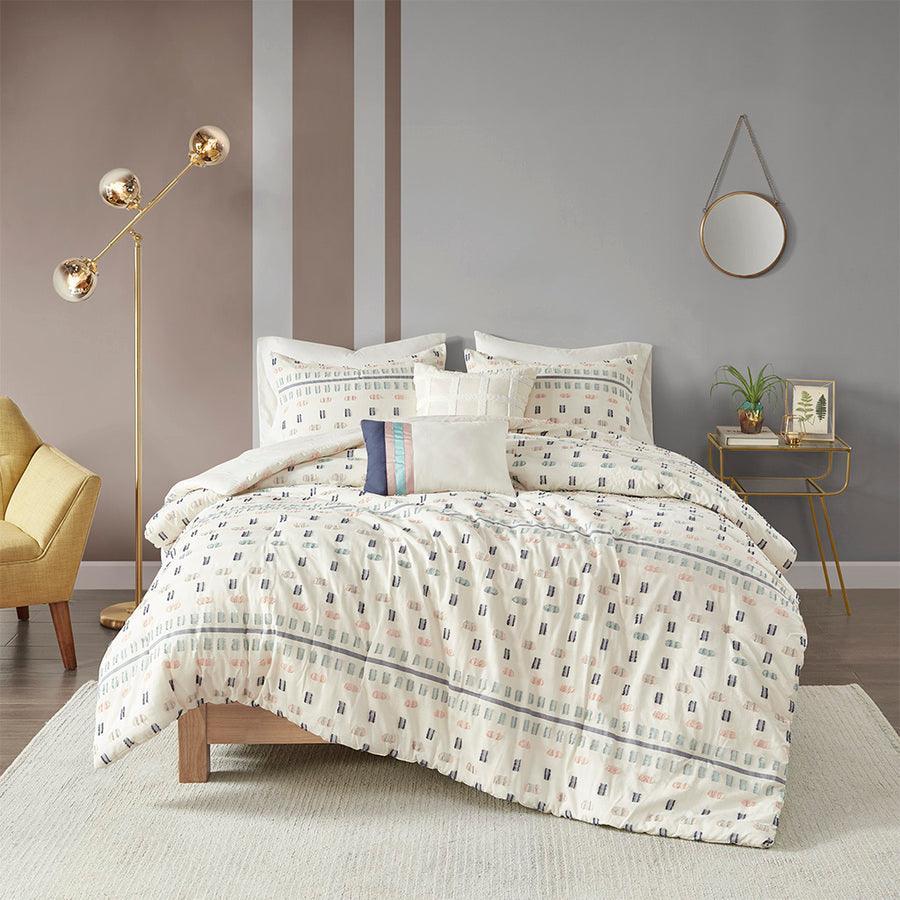 Olliix.com Comforters & Blankets - Auden Full/Queen 5 Piece Cotton Modern & Contemporary Jacquard Comforter Set Aqua