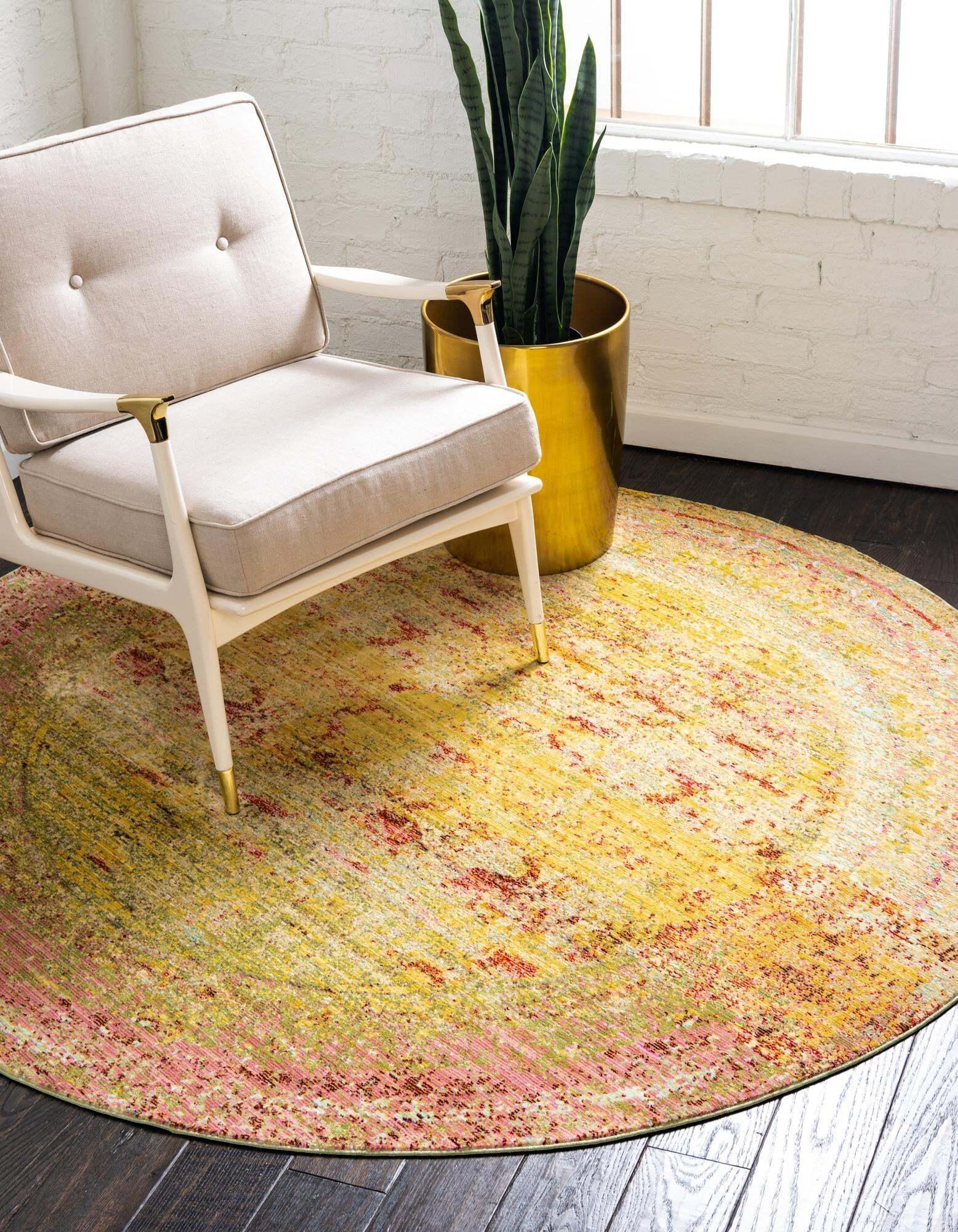 Unique Loom Indoor Rugs - Austin Abstract 6 Ft Round Rug Round Rug Yellow & Ivory