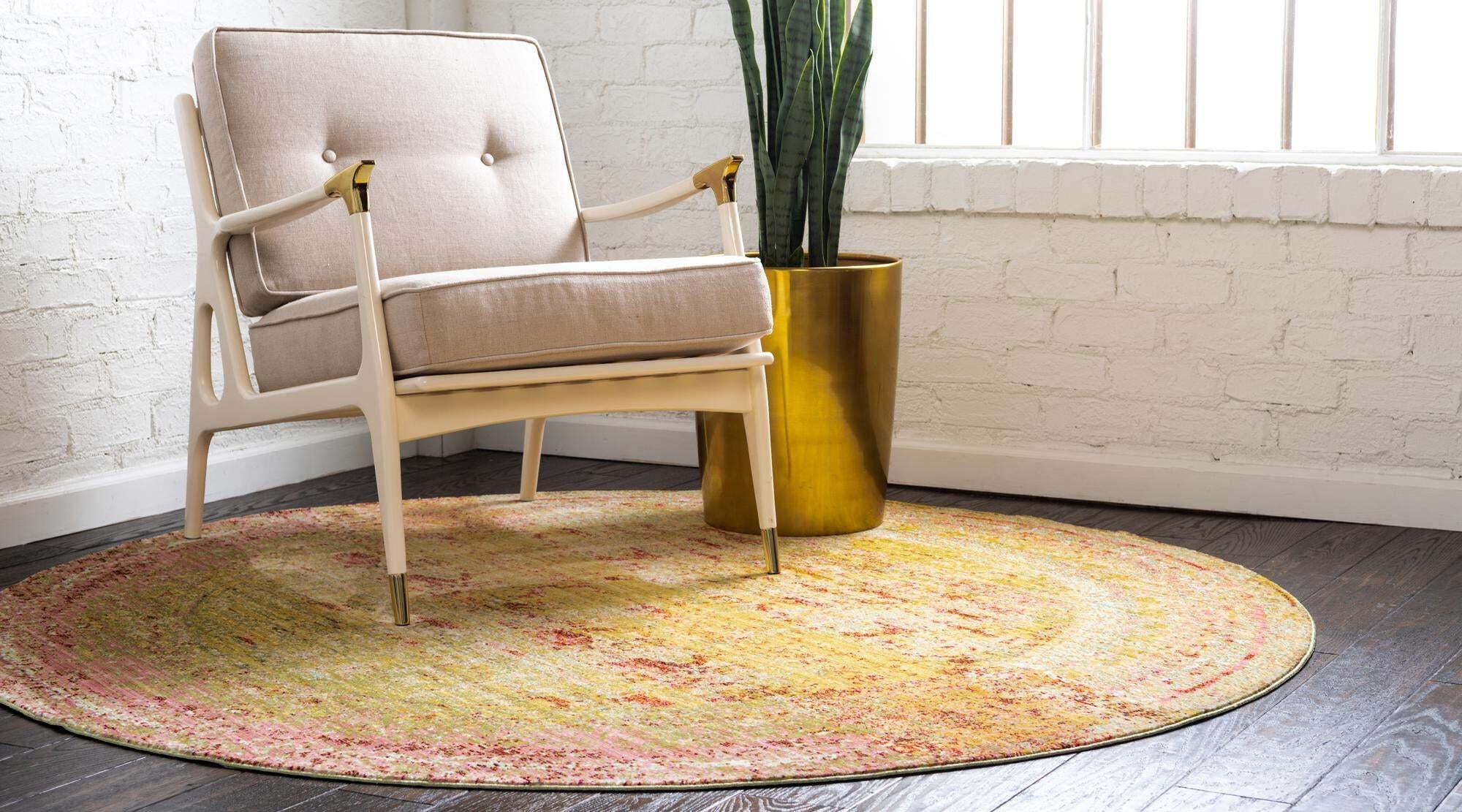 Unique Loom Indoor Rugs - Austin Abstract 6 Ft Round Rug Round Rug Yellow & Ivory
