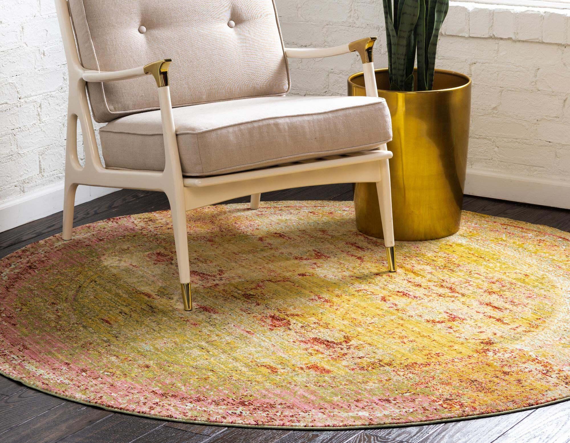Unique Loom Indoor Rugs - Austin Abstract 6 Ft Round Rug Round Rug Yellow & Ivory
