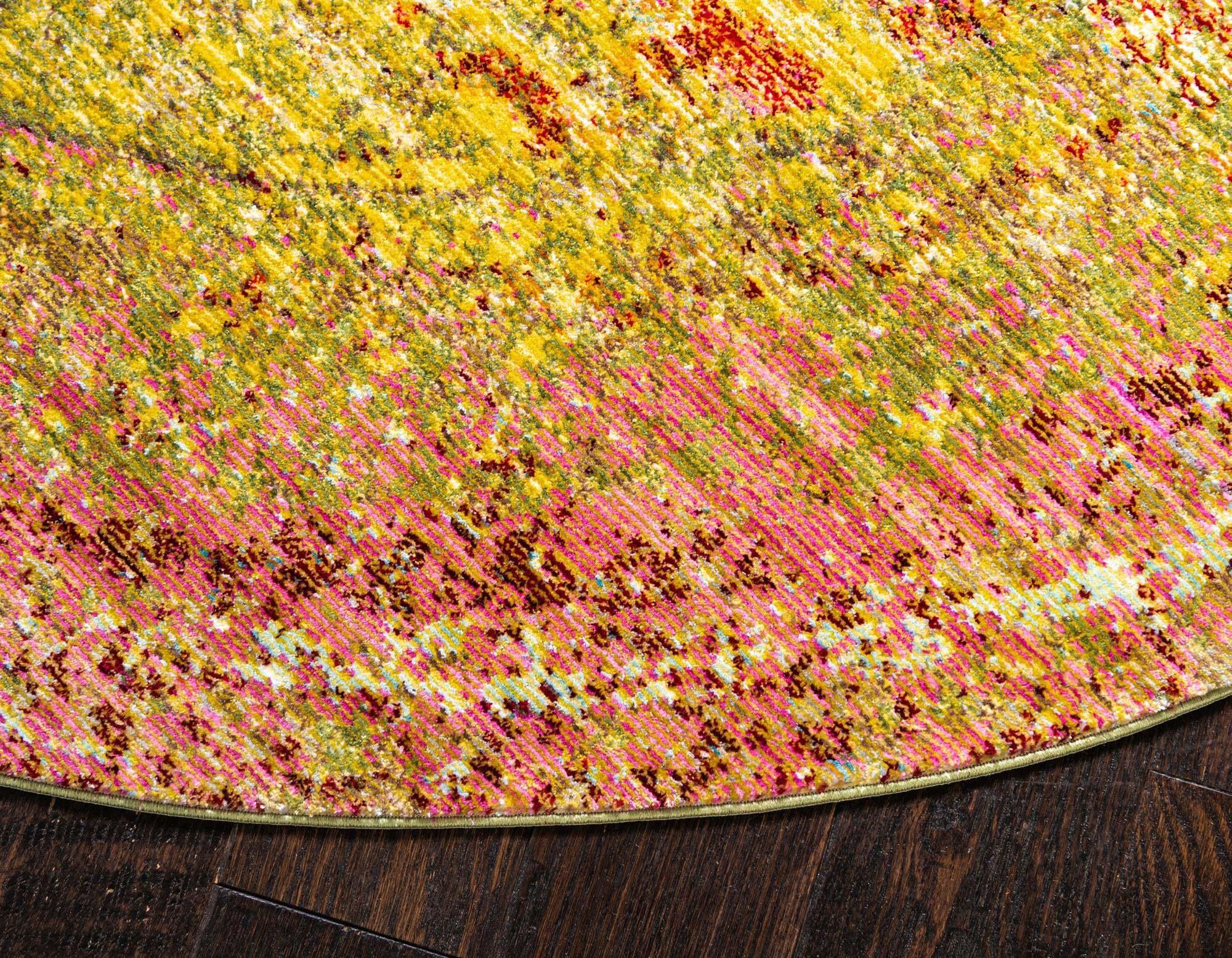 Unique Loom Indoor Rugs - Austin Abstract 6 Ft Round Rug Round Rug Yellow & Ivory