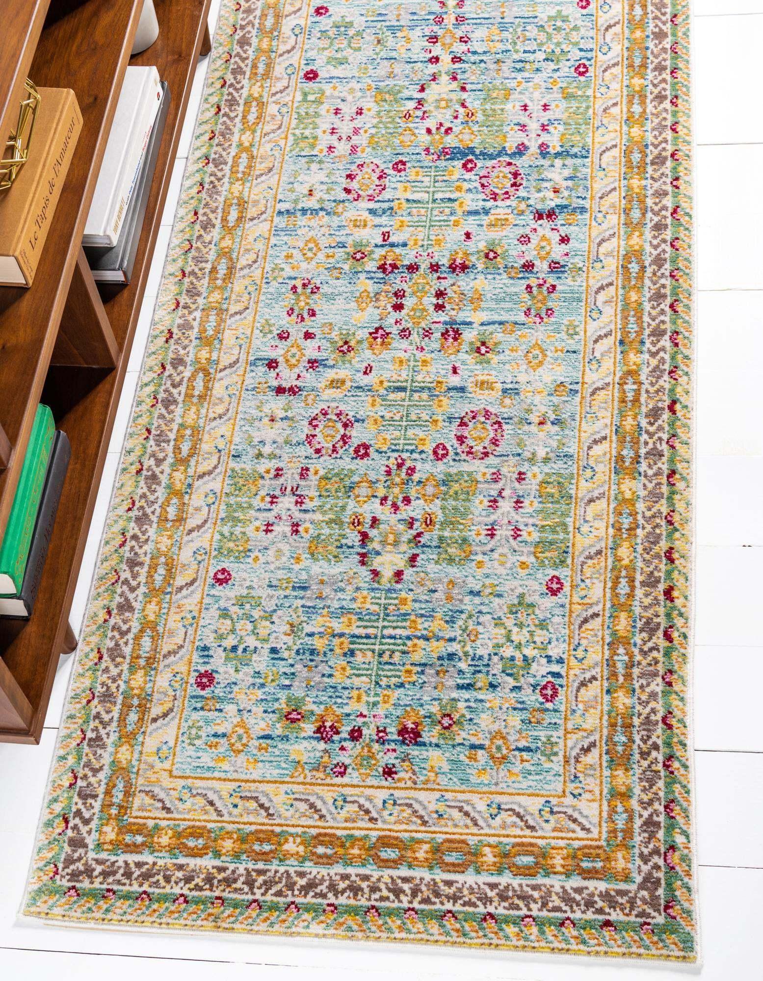 Unique Loom Indoor Rugs - Austin Border 10 Ft Runner Blue & Green