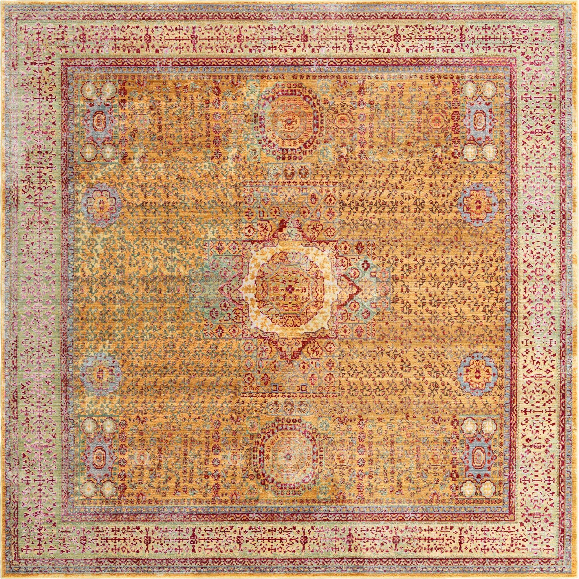Unique Loom Indoor Rugs - Austin Border 8 Ft Square Rug Gold & Burgundy