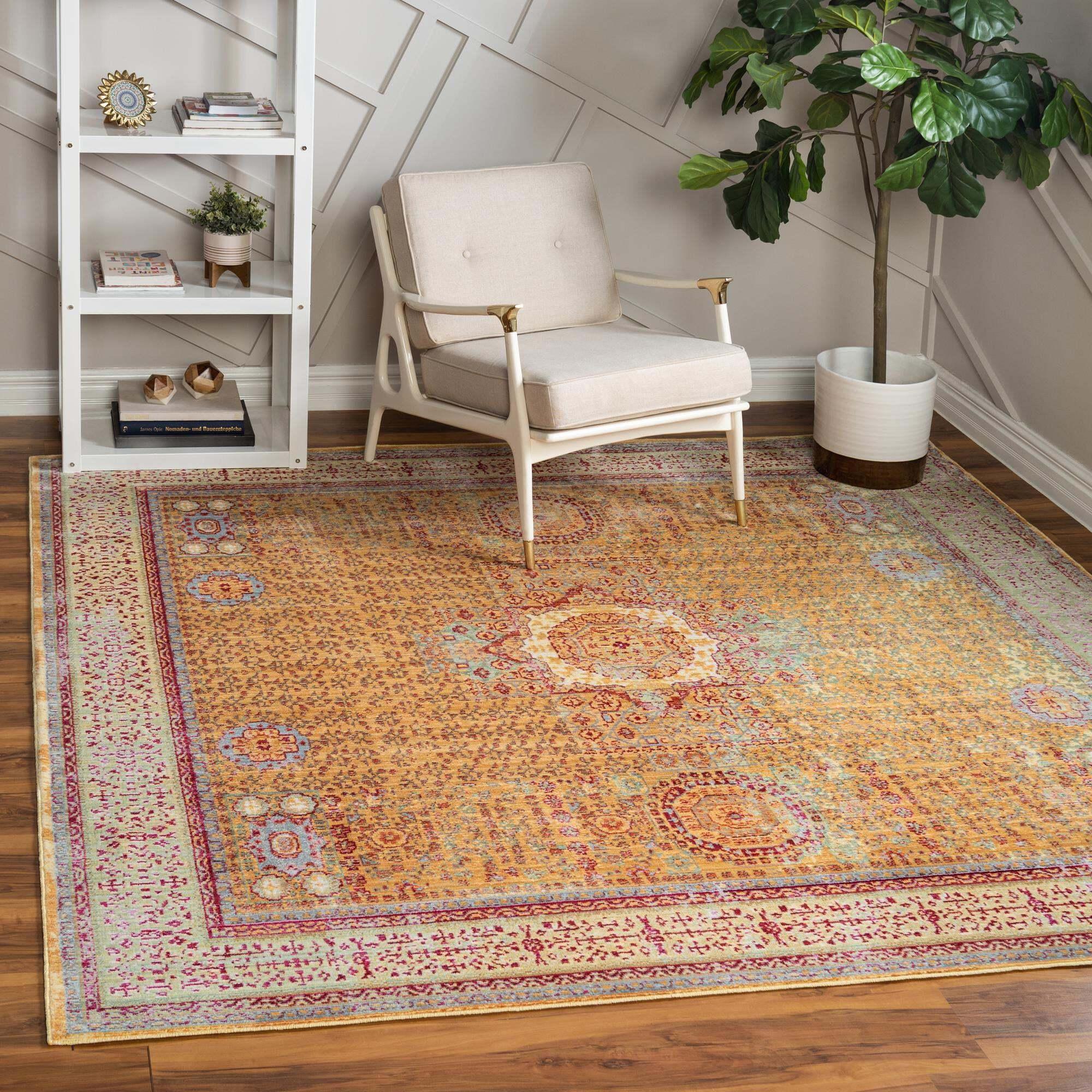 Unique Loom Indoor Rugs - Austin Border 8 Ft Square Rug Gold & Burgundy