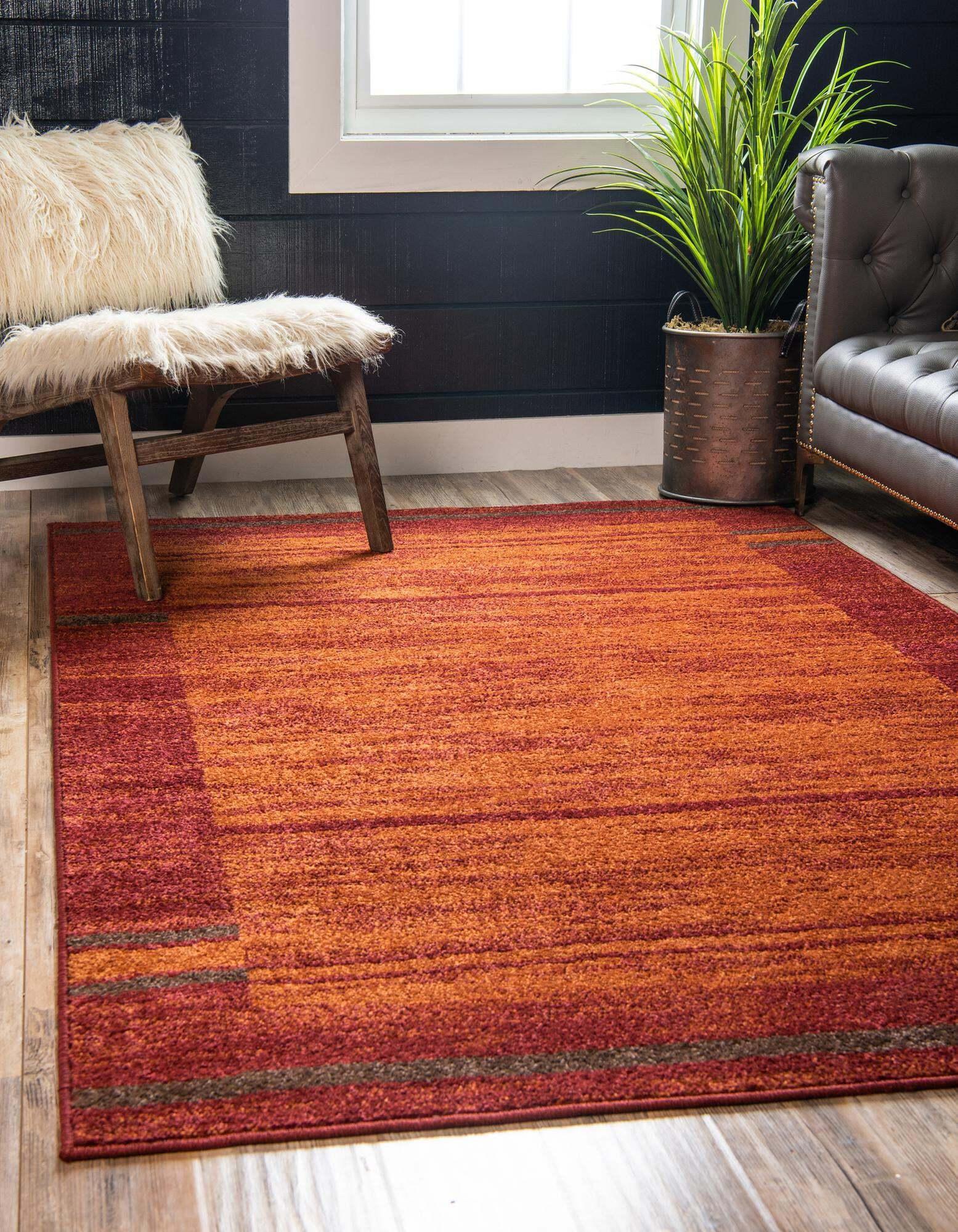 Unique Loom Indoor Rugs - Autumn Striped Rectangular 9x12 Rug Terracotta & Burgundy