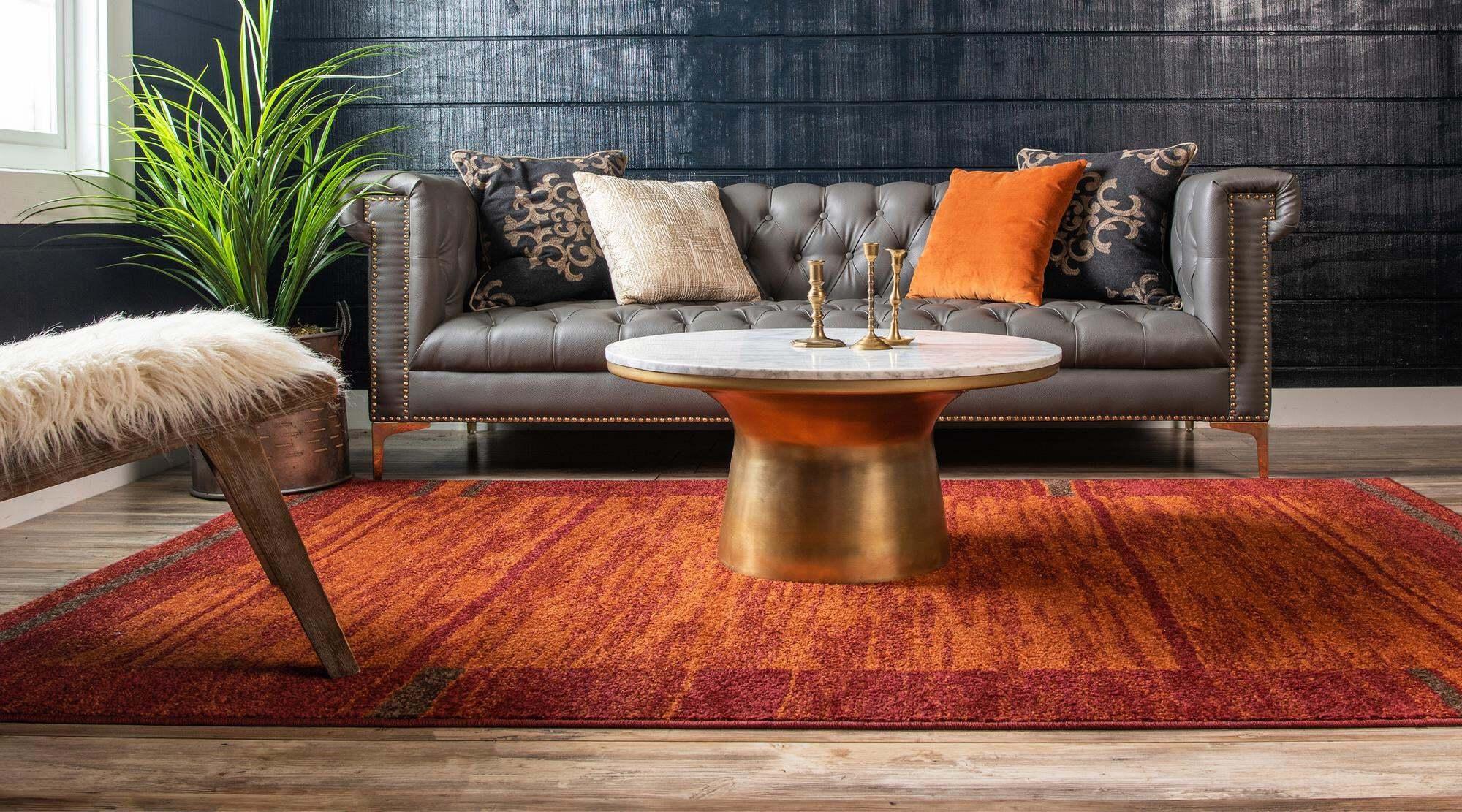 Unique Loom Indoor Rugs - Autumn Striped Rectangular 9x12 Rug Terracotta & Burgundy