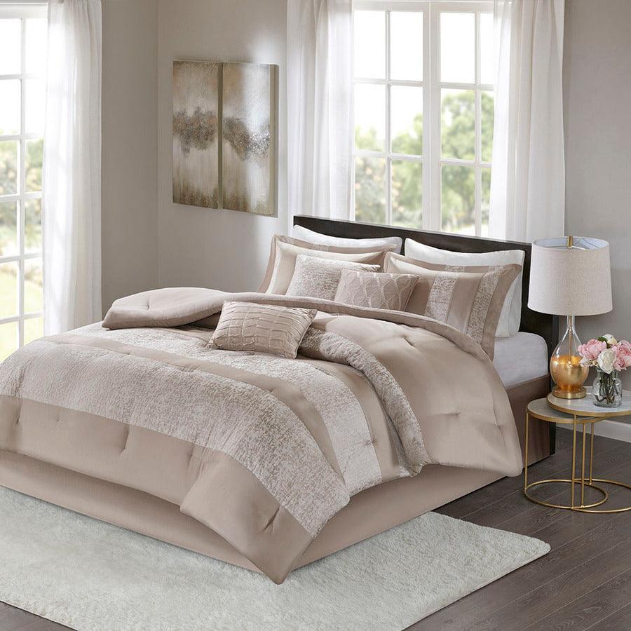 Olliix.com Comforters & Blankets - Ava Global Inspired 7 Piece Chenille Jacquard Comforter Set Taupe Queen