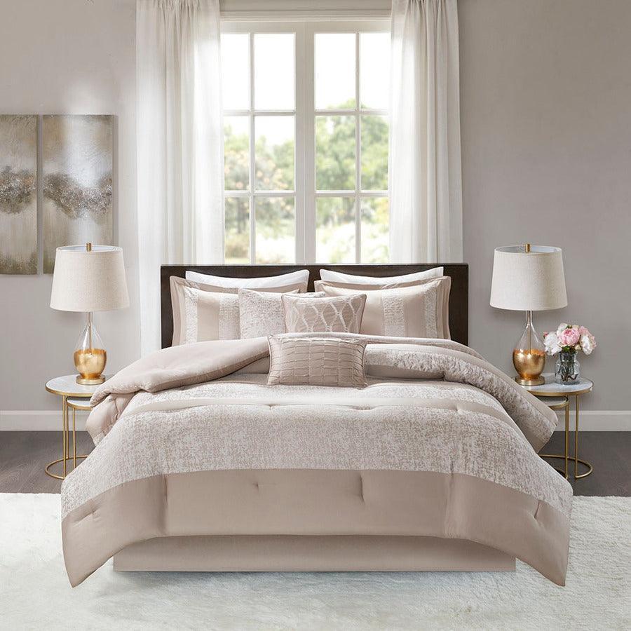 Olliix.com Comforters & Blankets - Ava Global Inspired 7 Piece Chenille Jacquard Comforter Set Taupe Queen