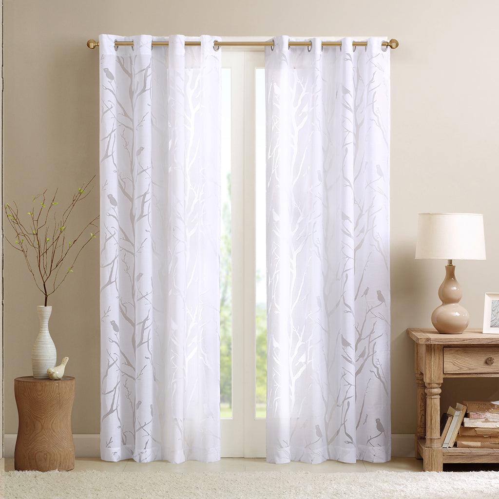 Olliix.com Curtains - Averil 63" Grommet Top Sheer Bird on Branches Burnout Window Curtain White