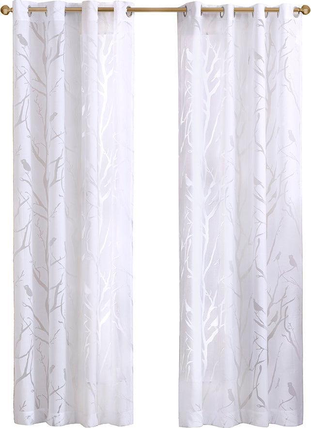 Olliix.com Curtains - Averil 63" Grommet Top Sheer Bird on Branches Burnout Window Curtain White