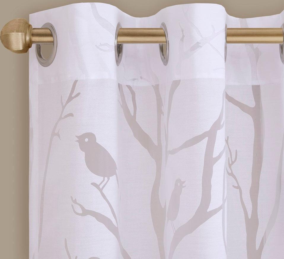 Olliix.com Curtains - Averil 63" Grommet Top Sheer Bird on Branches Burnout Window Curtain White