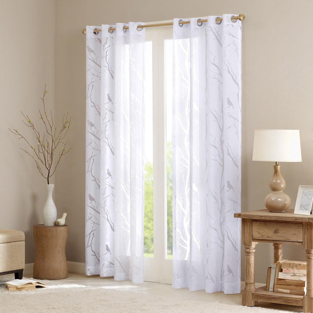 Olliix.com Curtains - Averil 84 H Grommet Top Sheer Bird on Branches Burnout Window Curtain White