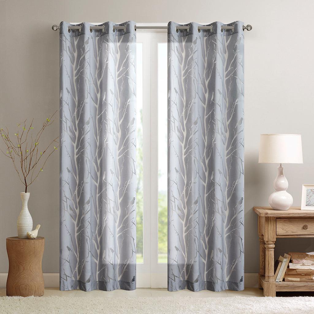 Olliix.com Curtains - Averil 95" Grommet Top Sheer Bird on Branches Burnout Window Curtain Gray