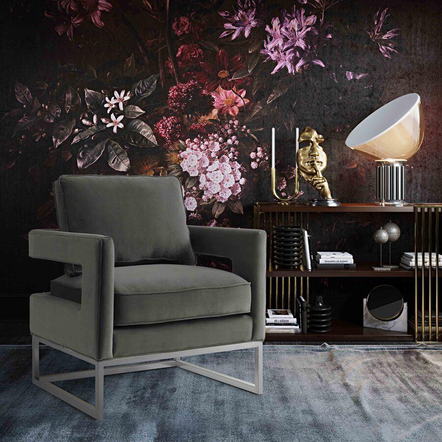 Tov Furniture Accent Chairs - Avery Grey Velvet Chair - Silver Frame Silver & Gray