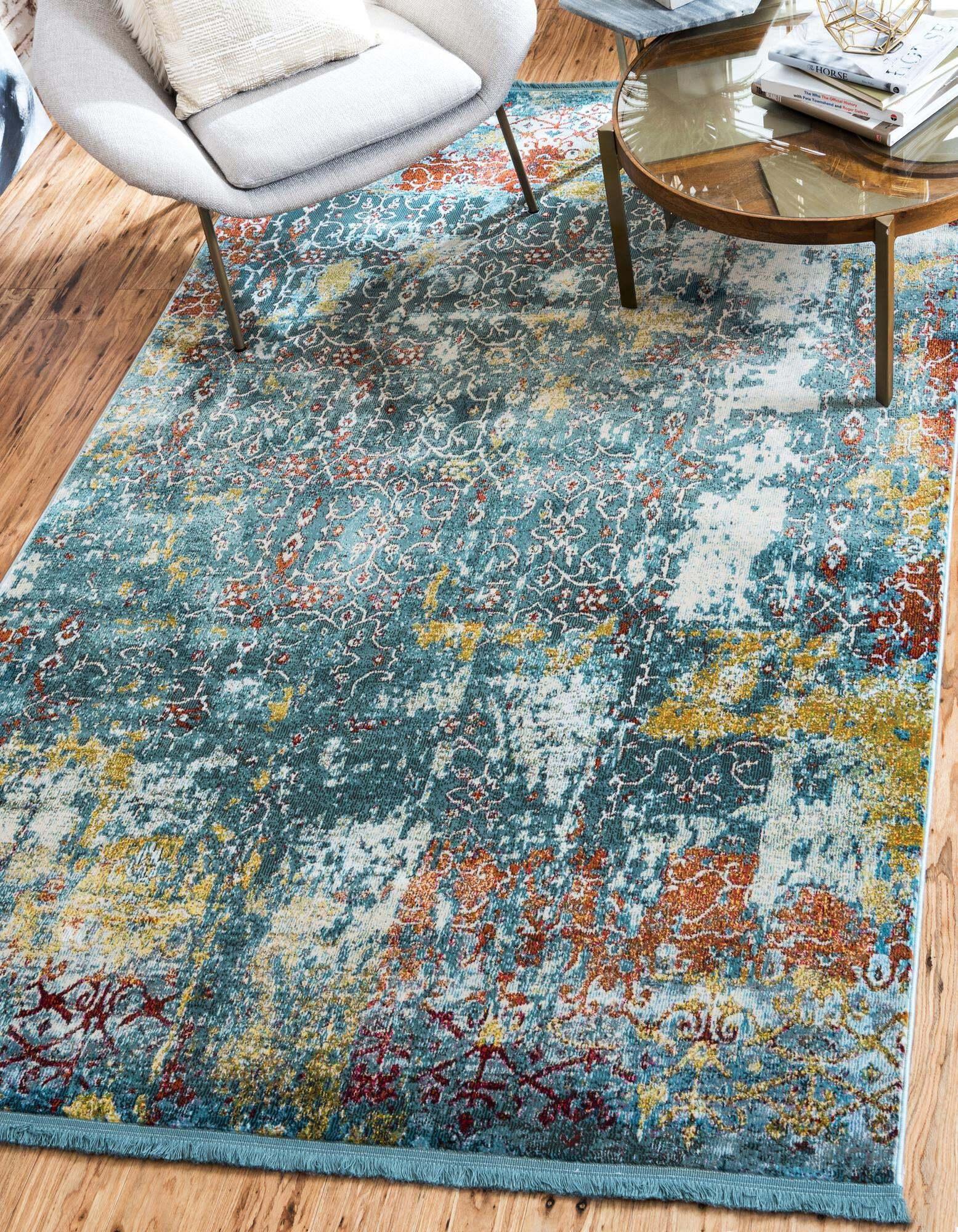 Unique Loom Indoor Rugs - Baracoa Abstract Rectangular 8x10 Rug Teal & Ivory