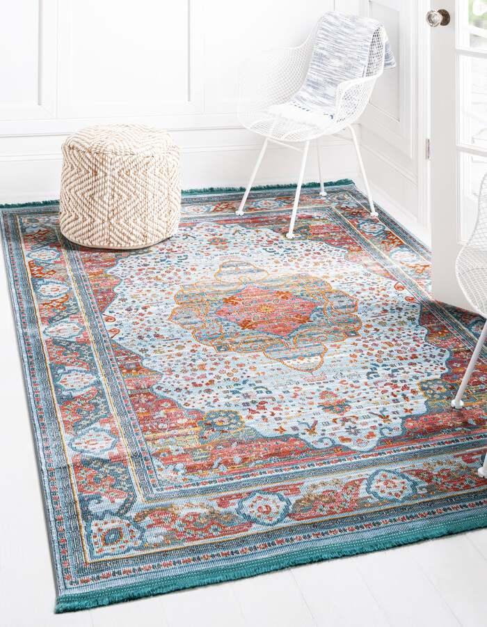 Unique Loom Indoor Rugs - Baracoa Border 10x13 Light Blue & Orange