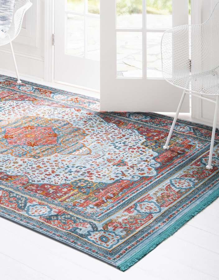 Unique Loom Indoor Rugs - Baracoa Border 10x13 Light Blue & Orange