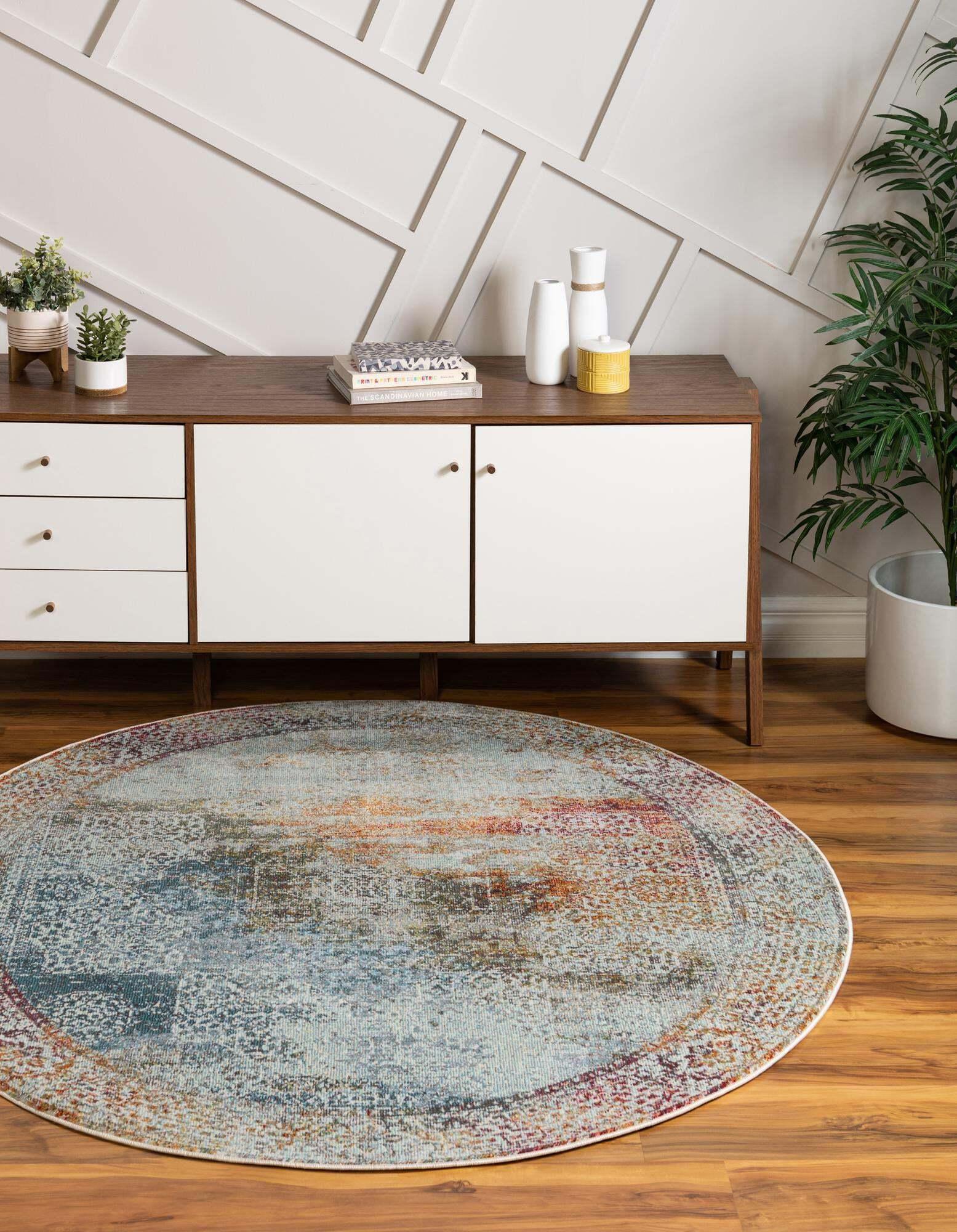 Unique Loom Indoor Rugs - Baracoa Border 5 Ft Round Rug Multicolor