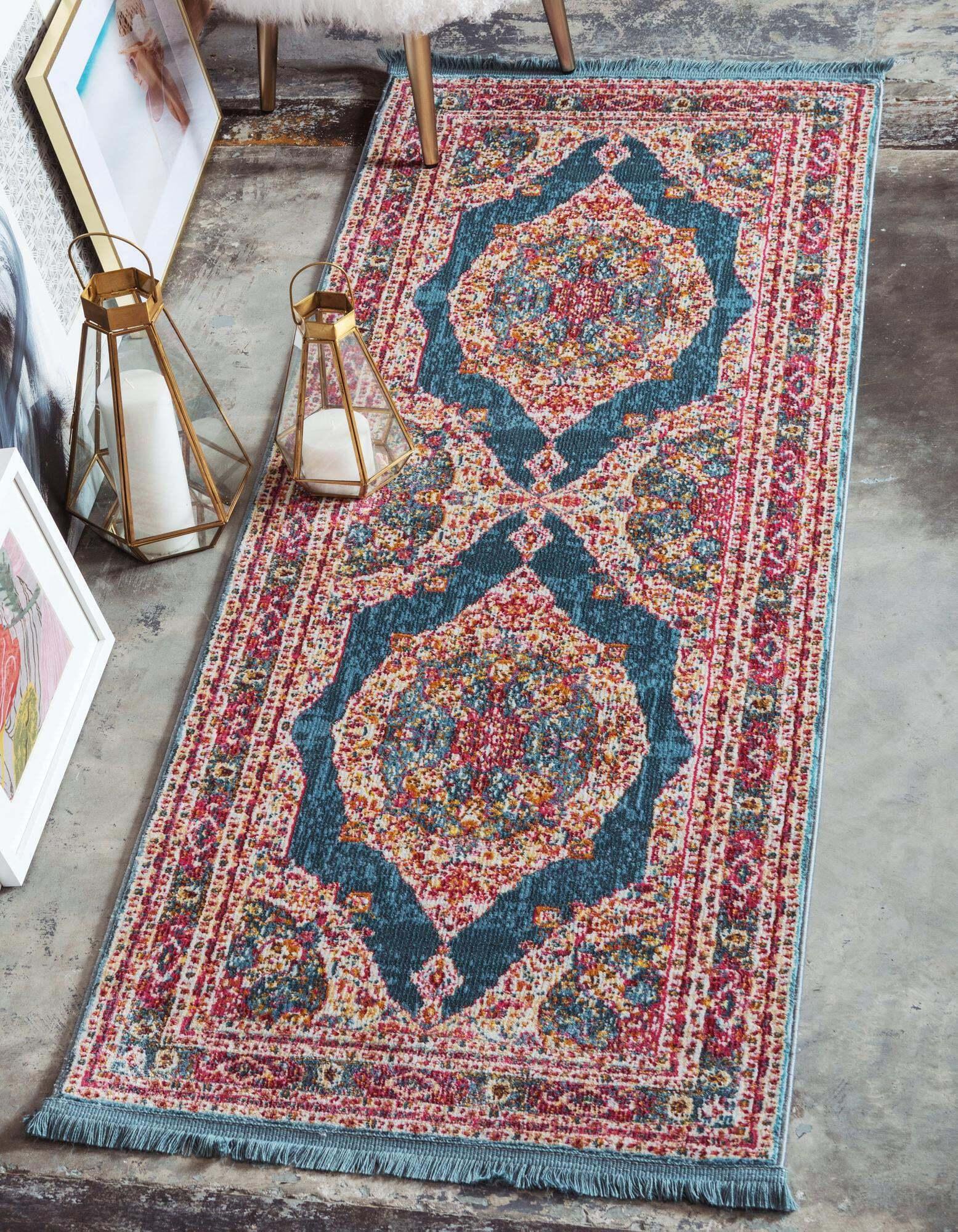 Unique Loom Indoor Rugs - Baracoa Border 6 Ft Runner Rug Turquoise & Multicolor