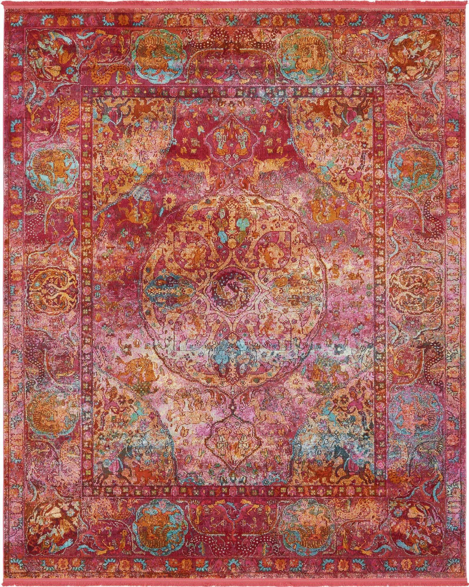 Unique Loom Indoor Rugs - Baracoa Border Rectangular 8x10 Rug Red & Pink