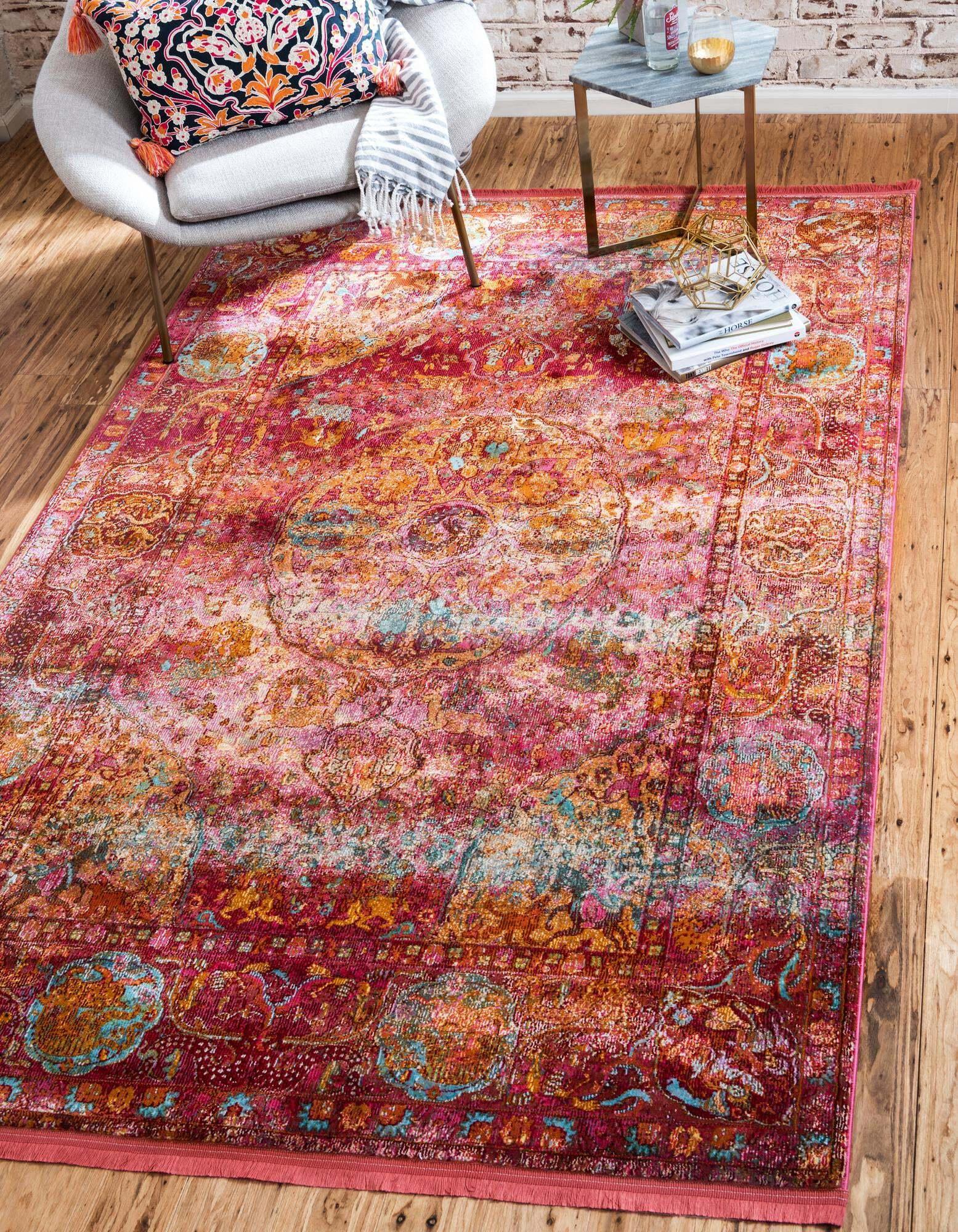 Unique Loom Indoor Rugs - Baracoa Border Rectangular 8x10 Rug Red & Pink