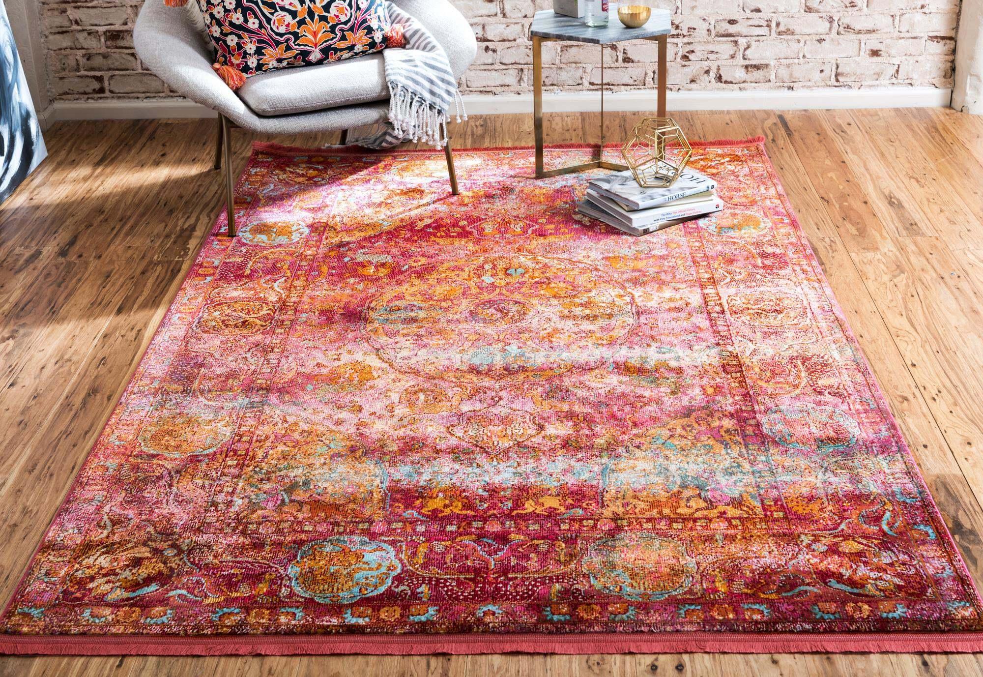 Unique Loom Indoor Rugs - Baracoa Border Rectangular 8x10 Rug Red & Pink