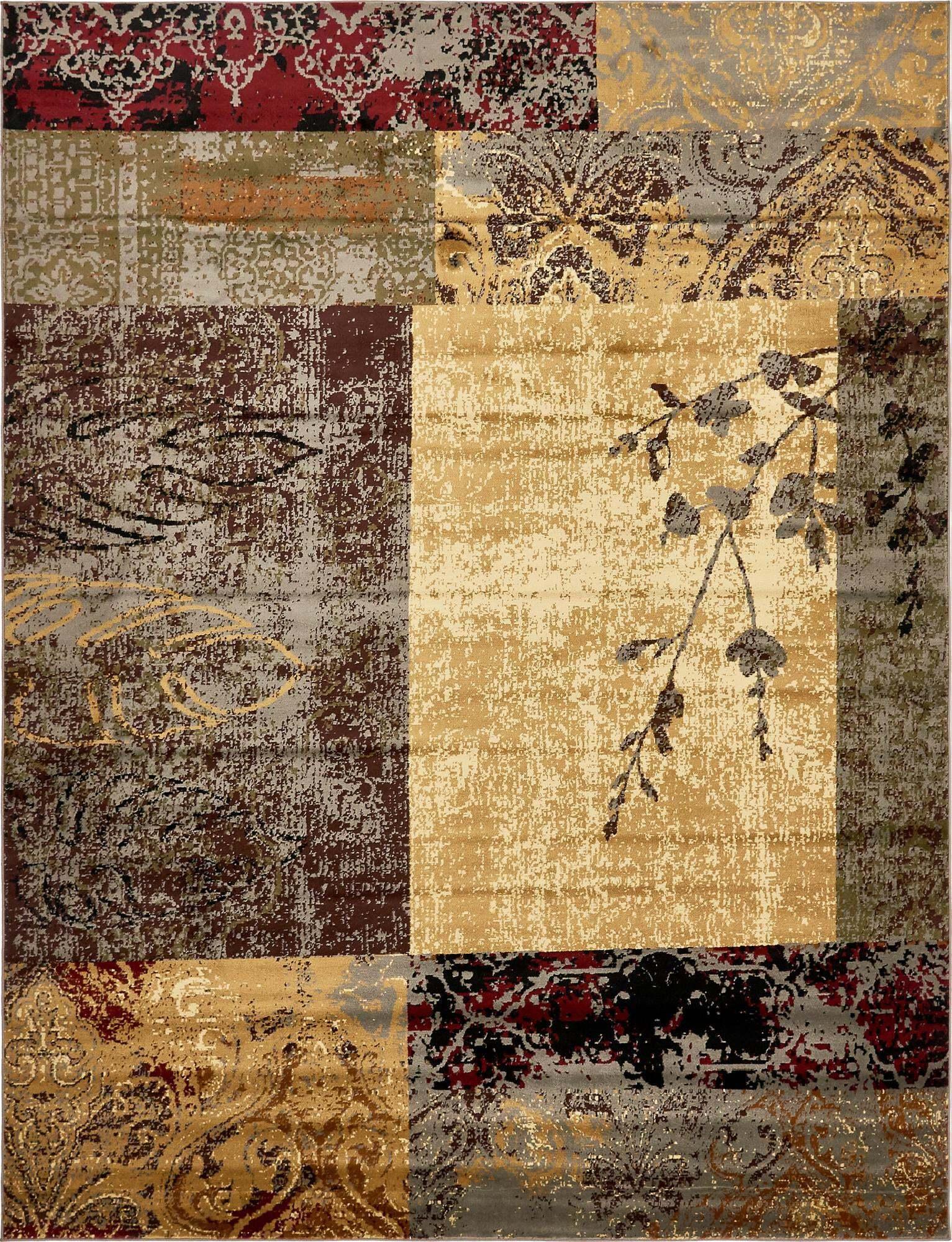 Unique Loom Indoor Rugs - Barista Floral Rectangular 9x12 Rug Beige & Gray