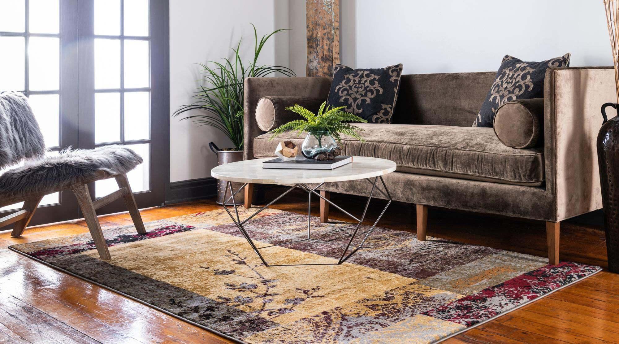 Unique Loom Indoor Rugs - Barista Floral Rectangular 9x12 Rug Beige & Gray