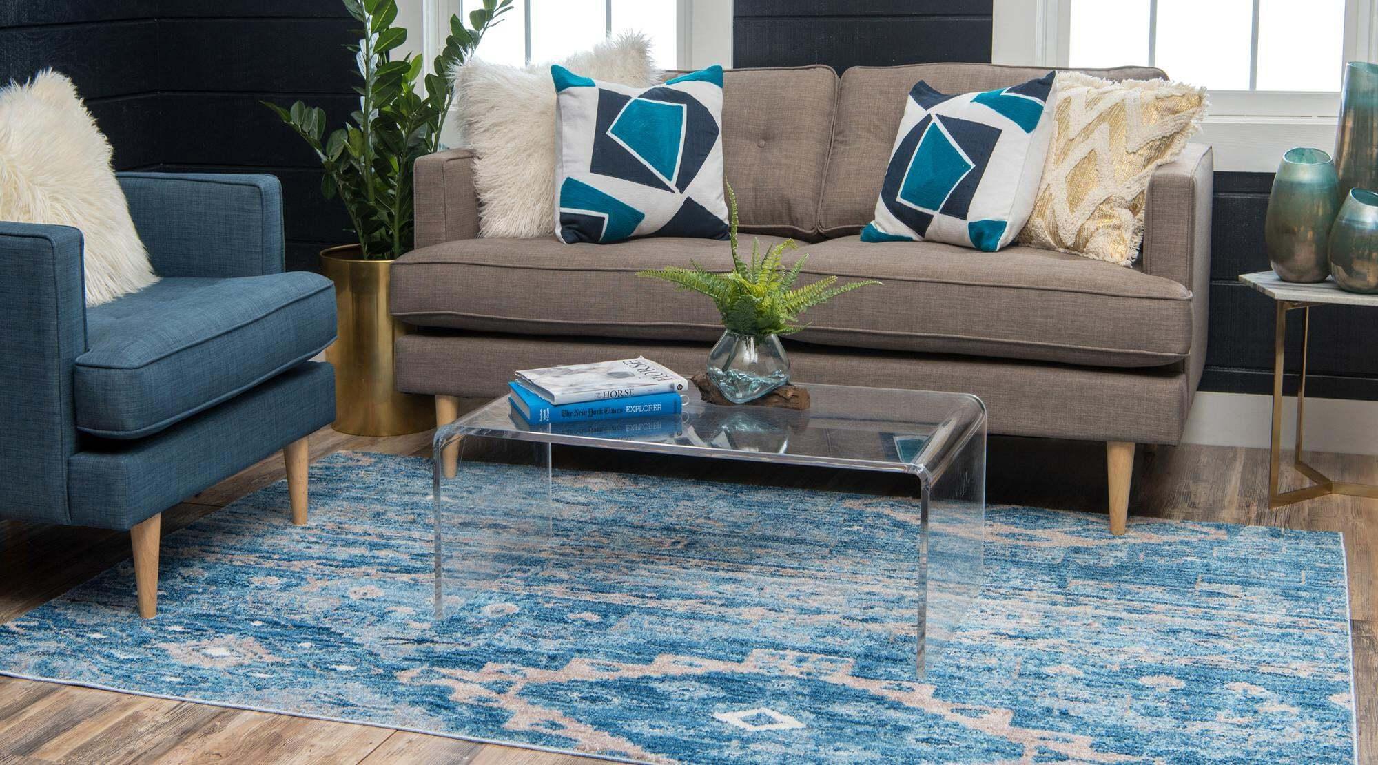 Unique Loom Indoor Rugs - Basilica Geometric Rectangular 8x10 Rug Blue & Beige