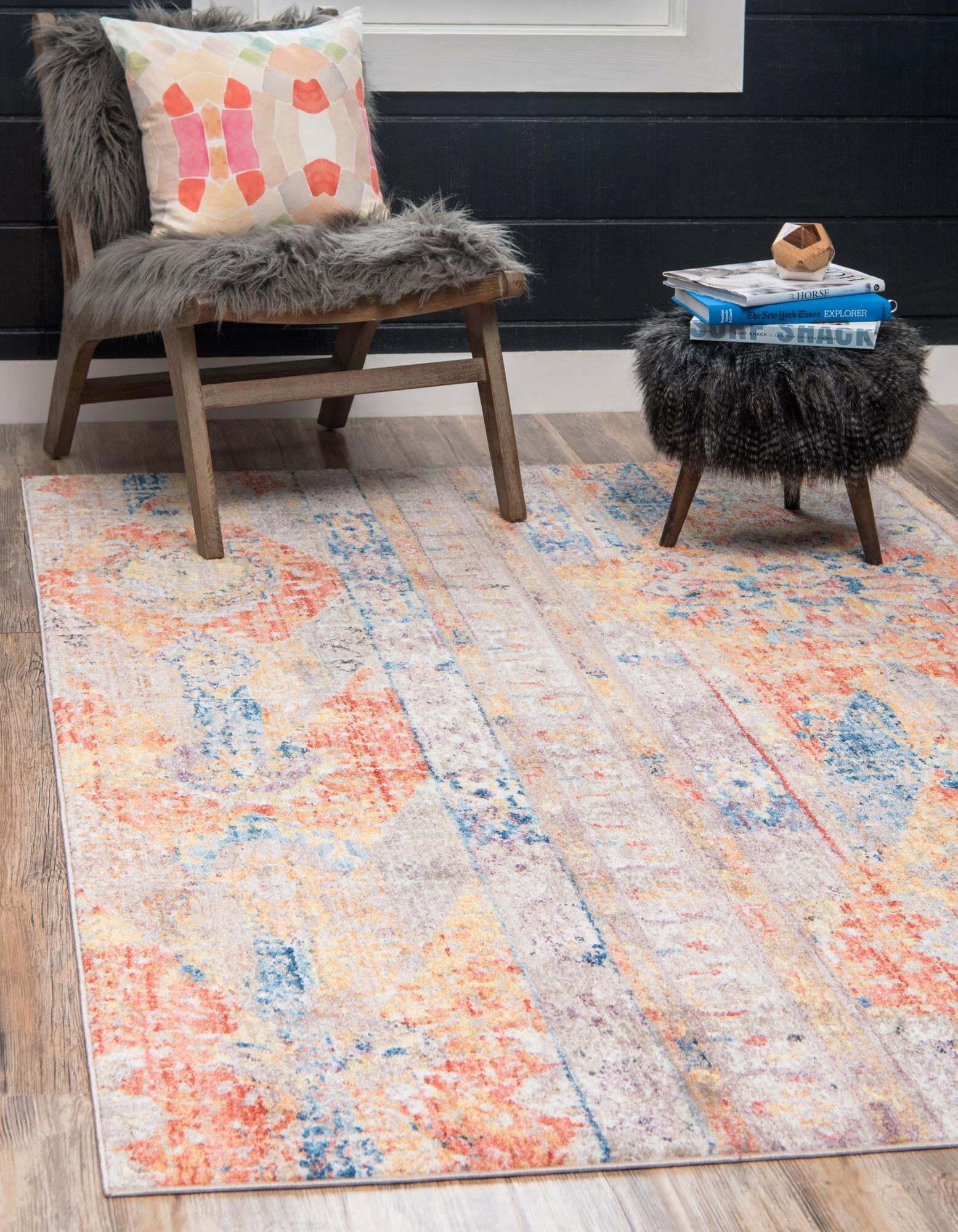 Unique Loom Indoor Rugs - Basilica Striped Rectangular 8x10 Rug Orange & Beige