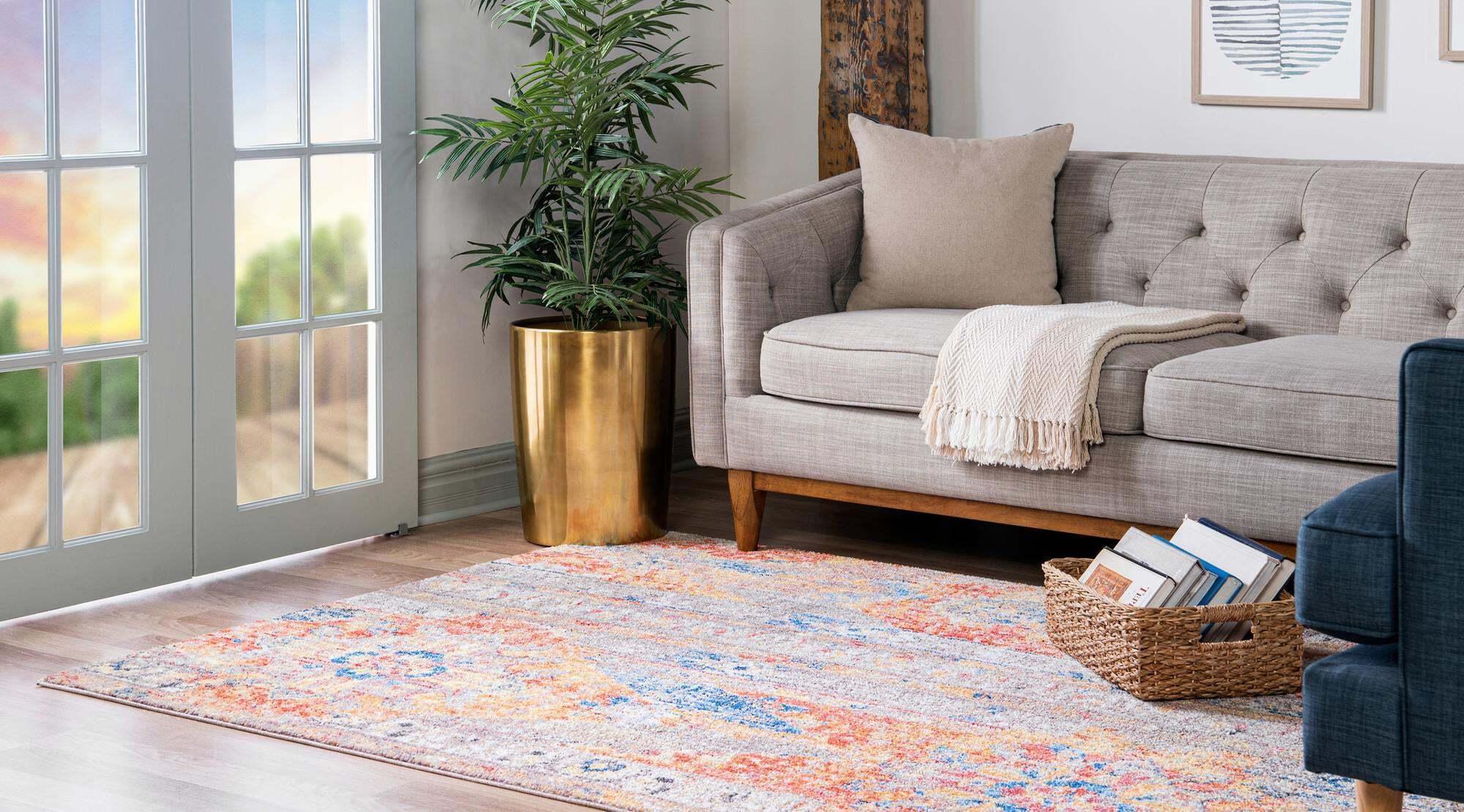 Unique Loom Indoor Rugs - Basilica Striped Rectangular 8x10 Rug Orange & Beige