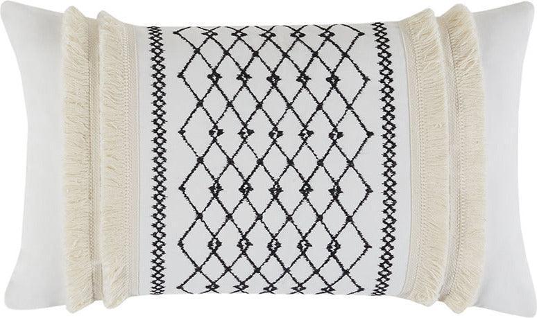 Olliix.com Pillows - Bea Mid-Century Embroidered Cotton Oblong Pillow with Tassels 12"W x 20"L Ivory
