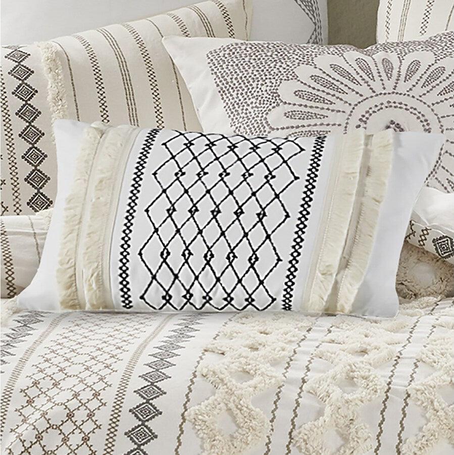 Olliix.com Pillows - Bea Mid-Century Embroidered Cotton Oblong Pillow with Tassels 12"W x 20"L Ivory