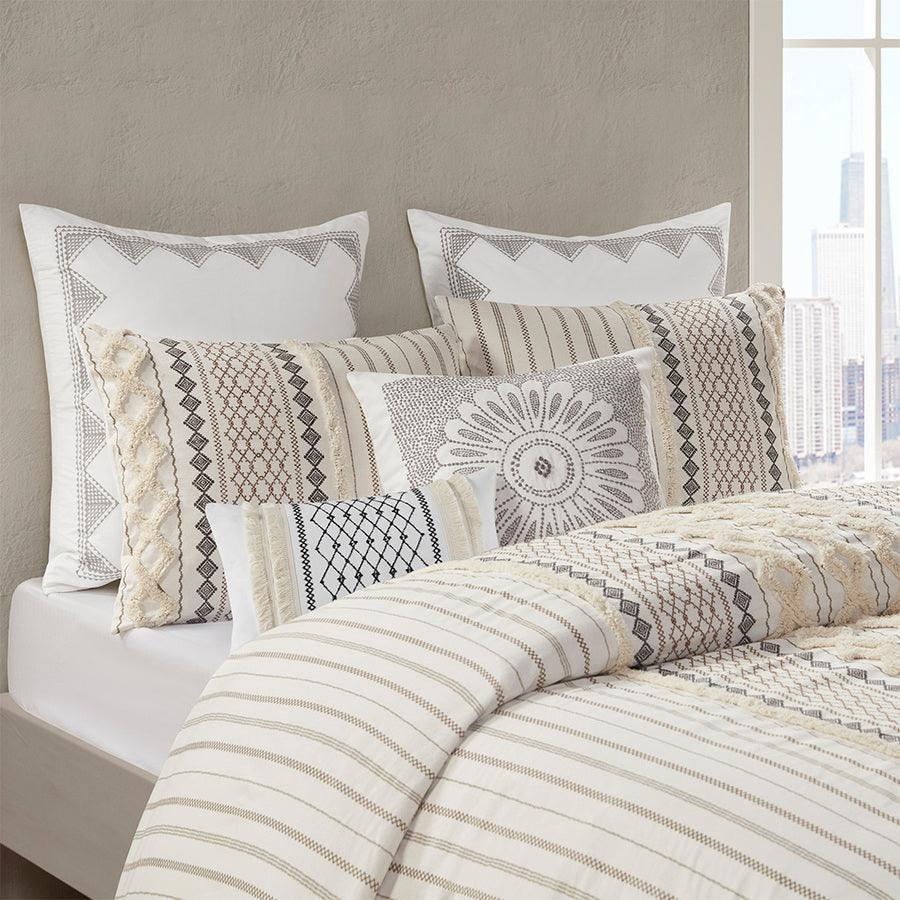 Olliix.com Pillows - Bea Mid-Century Embroidered Cotton Oblong Pillow with Tassels 12"W x 20"L Ivory