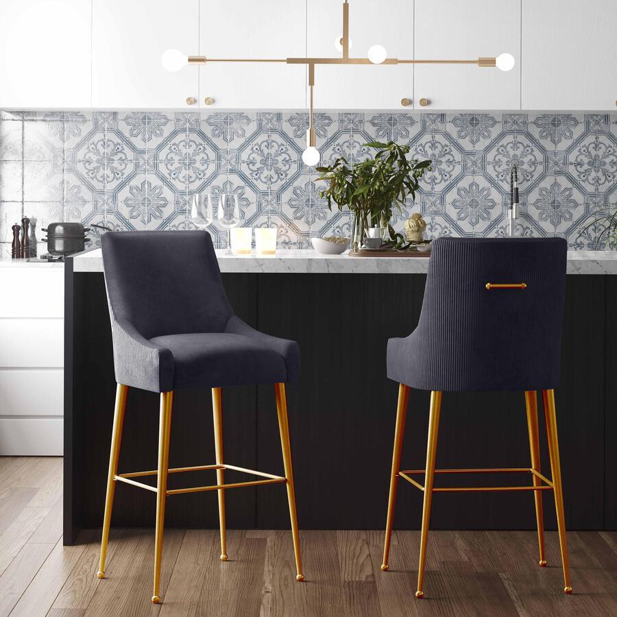 Tov Furniture Barstools - Beatrix Pleated Dark Grey Velvet Bar Stool