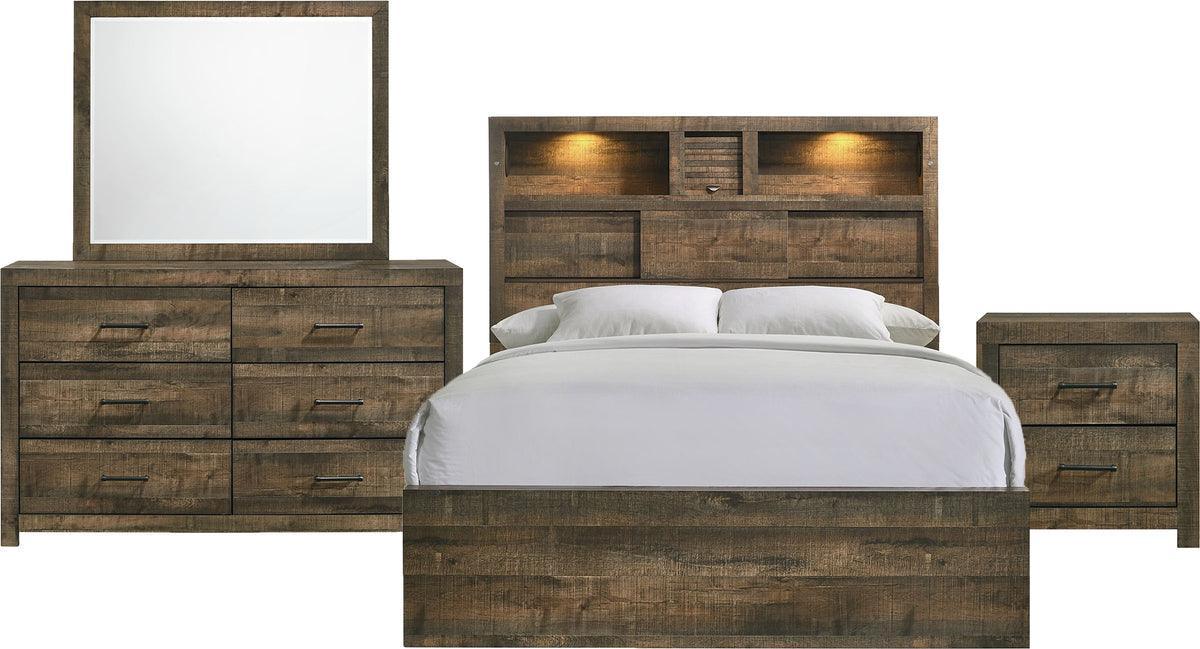 Elements Bedroom Sets - Beckett King Bookcase Panel 4PC Bedroom Set with Bluetooth Walnut