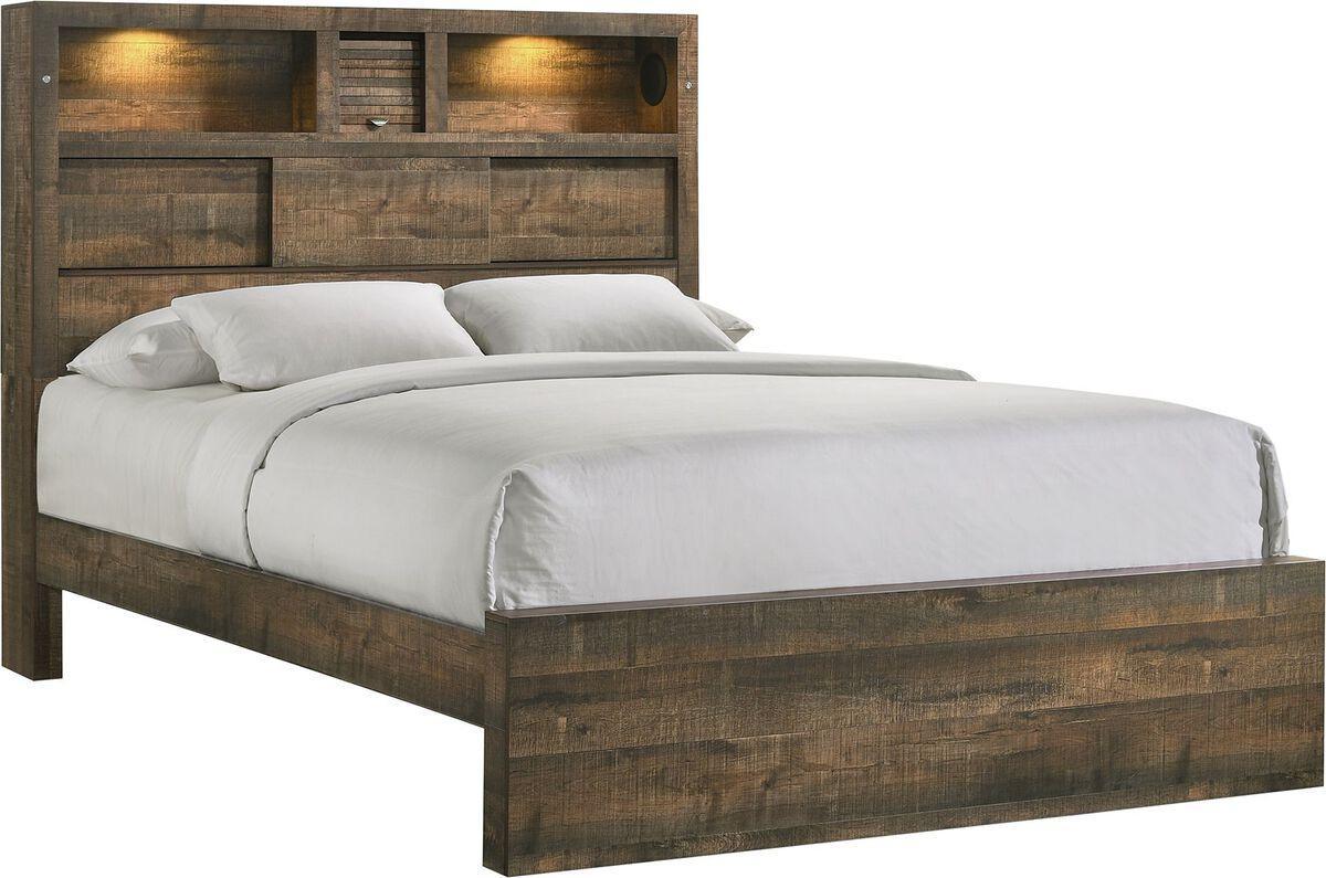 Elements Bedroom Sets - Beckett King Bookcase Panel 4PC Bedroom Set with Bluetooth Walnut