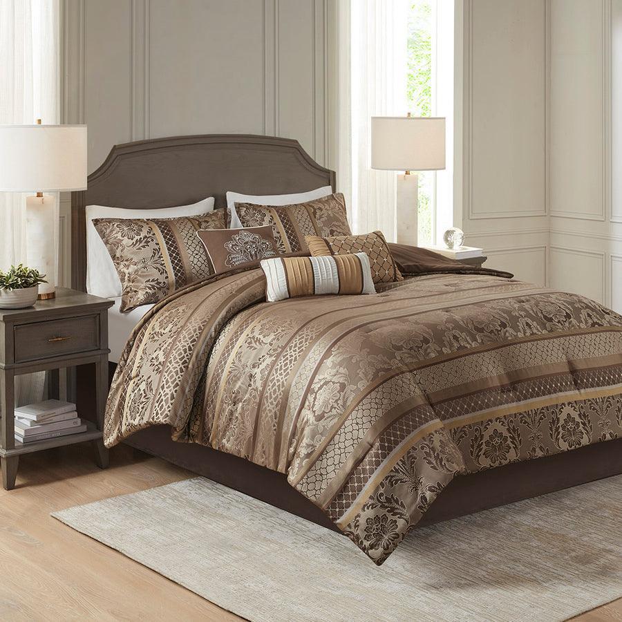 Olliix.com Comforters & Blankets - Bellagio California King 7 Piece Jacquard Comforter Set Brown & Gold