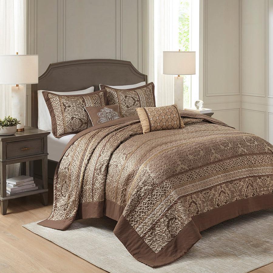 Olliix.com Comforters & Blankets - Bellagio King 5 Piece Reversible Jacquard Bedspread Set Brown & Gold