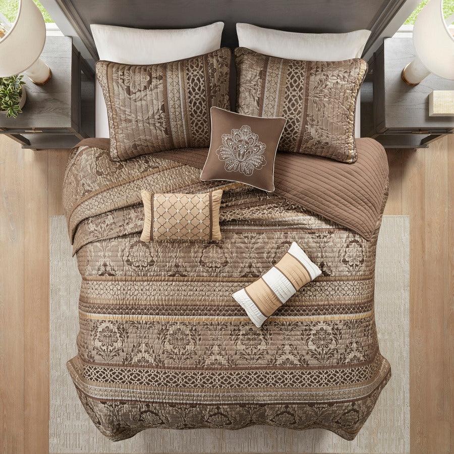 Olliix.com Comforters & Blankets - Bellagio King/California King 6 Piece Reversible Coverlet Set Brown & Gold